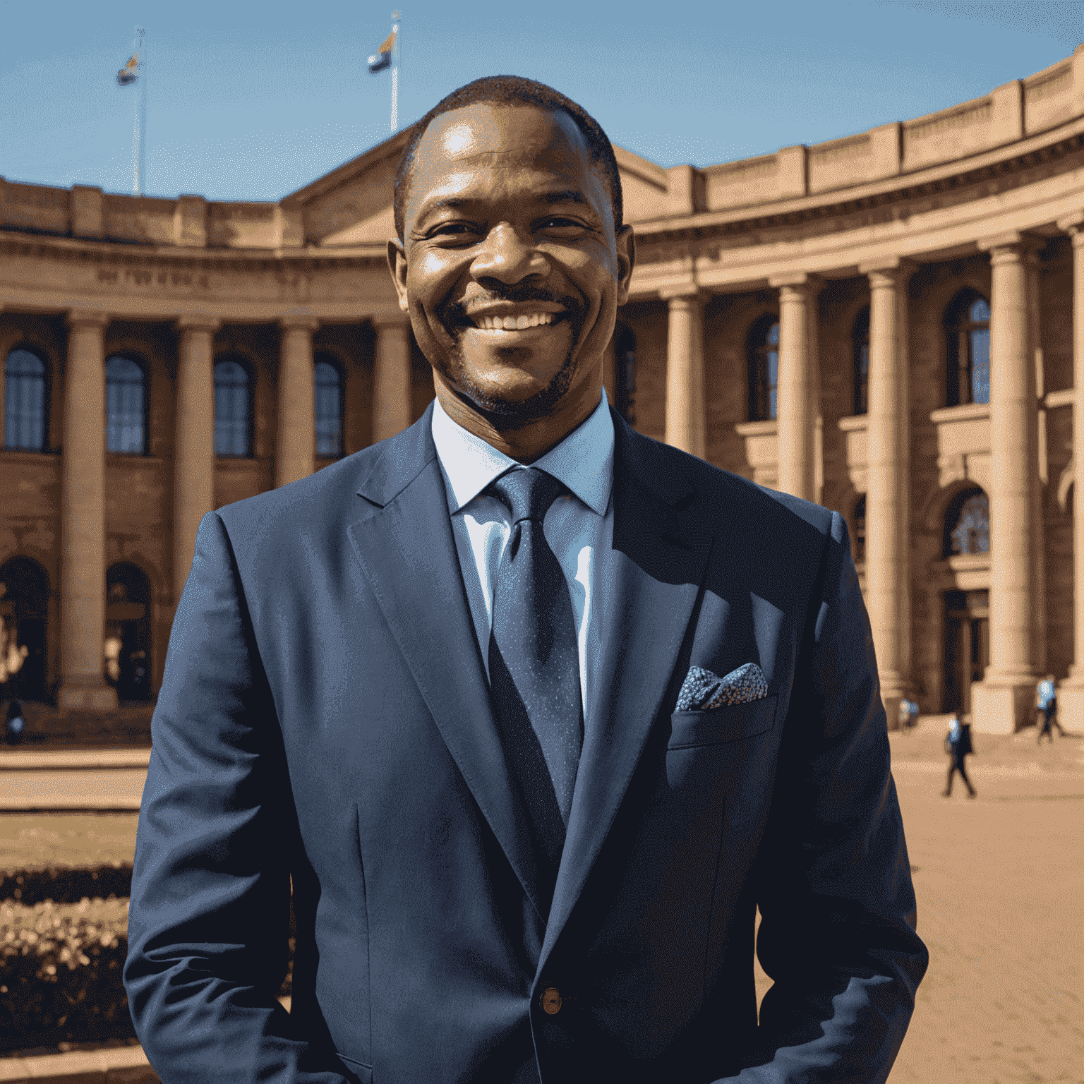 Portrait of Themba Nkosi, a middle-aged South African man with a warm smile, wearing a navy blue suit, standing in front of a government building in Pretoria