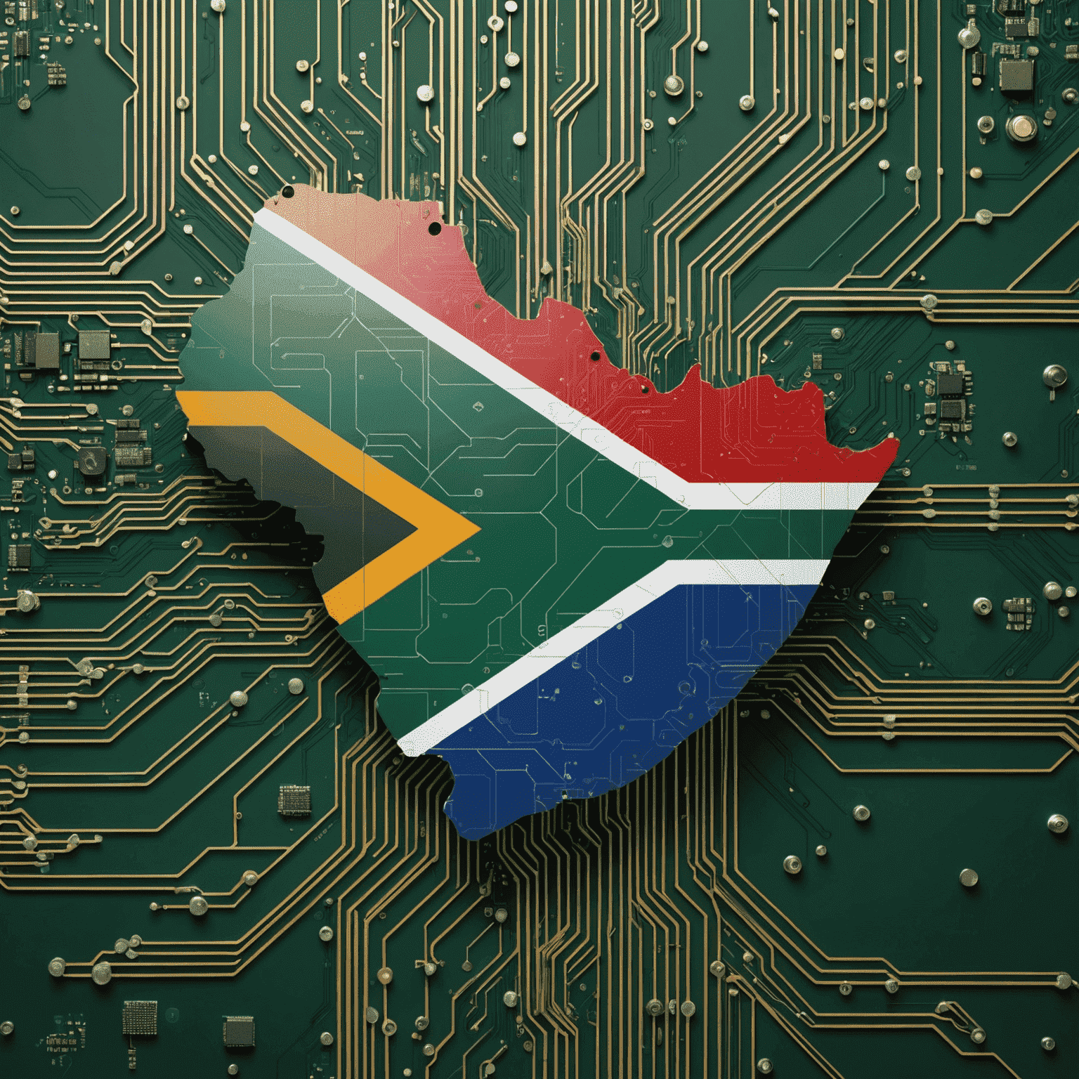 A digital representation of the South African flag with technological elements like circuit boards and data streams overlaid, symbolizing the integration of technology in governance