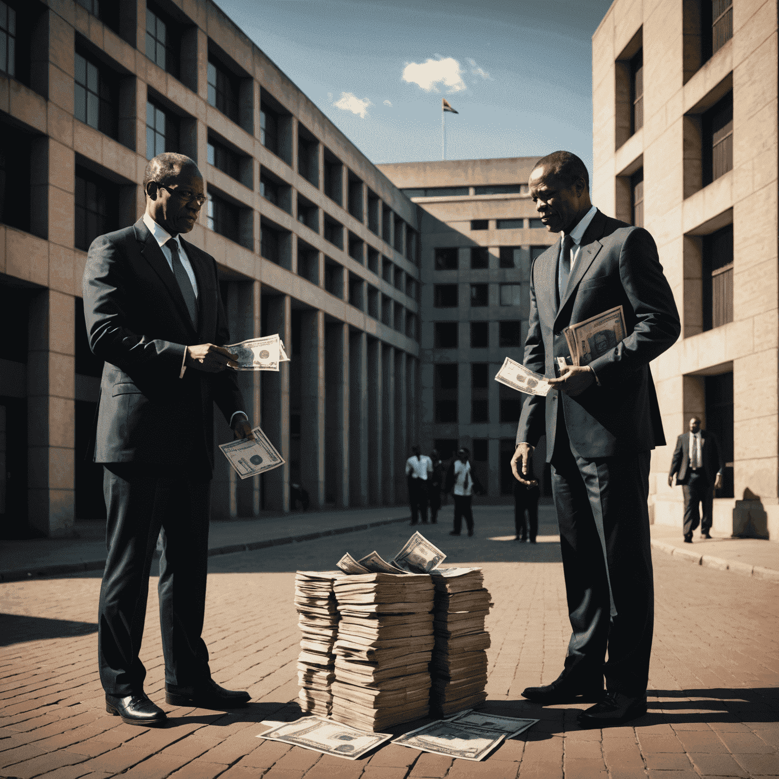 A symbolic image depicting corruption in South Africa's public sector, showing shadowy figures exchanging money behind government buildings