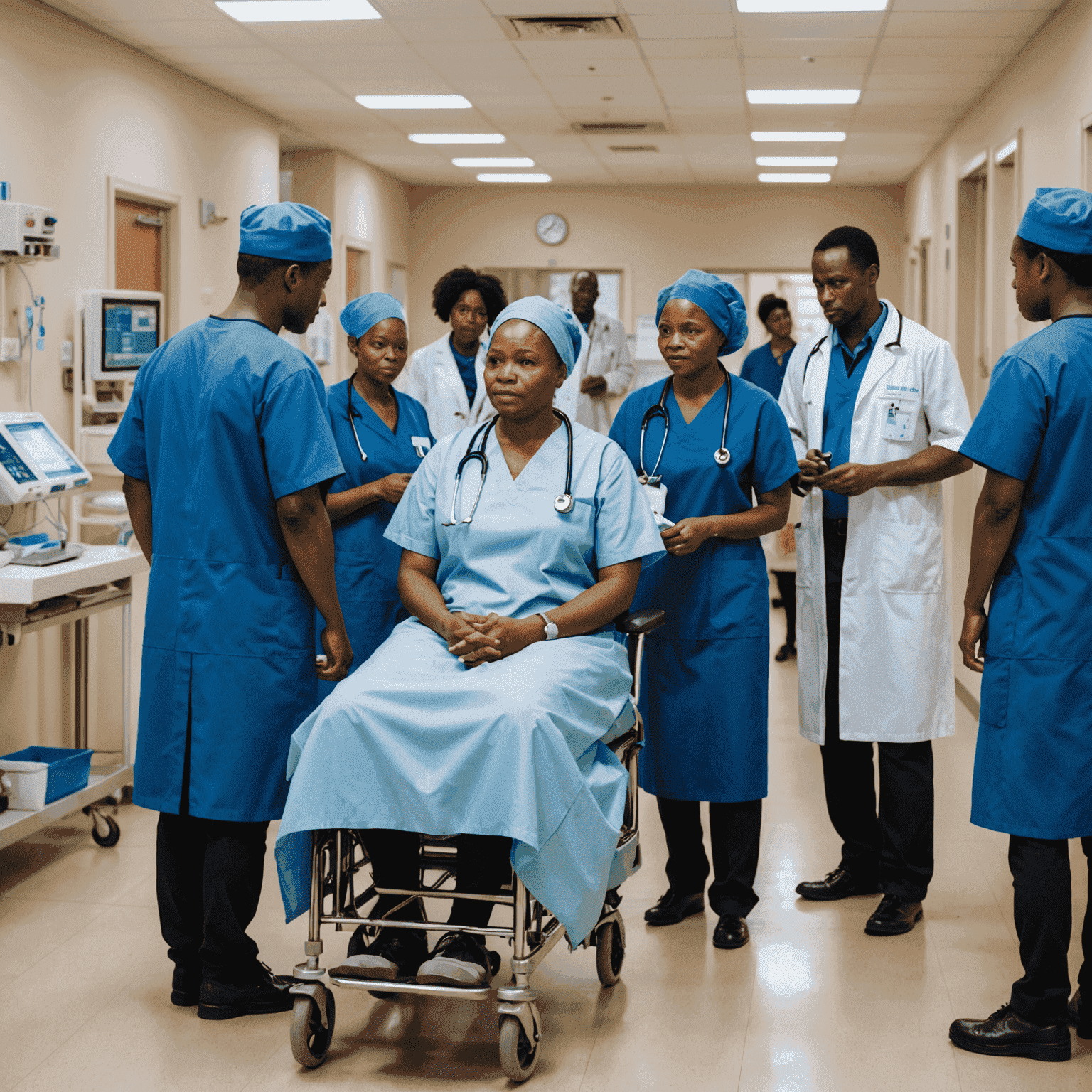 A busy public hospital in South Africa with doctors and nurses attending to patients, showcasing the challenges and opportunities in the healthcare system