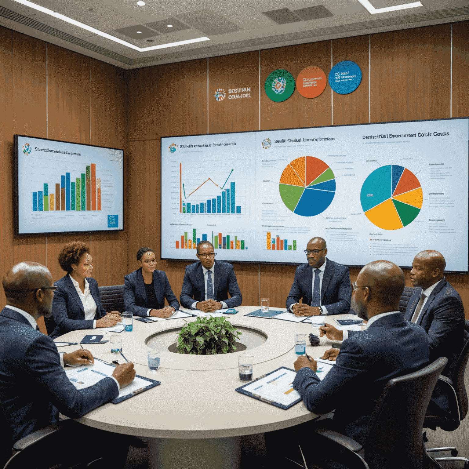 South African government officials discussing sustainable development goals in a modern conference room, with charts and graphs displaying progress towards SDGs visible in the background