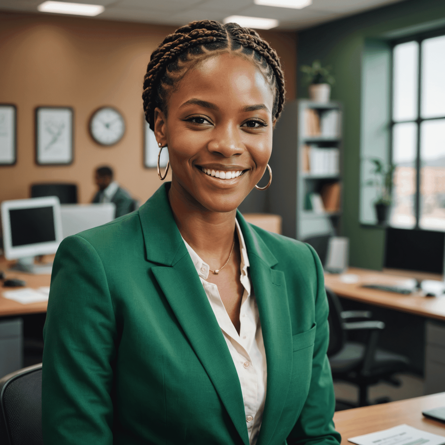 Portrait of Nomvula Dlamini, a young South African woman with braided hair, wearing a green blazer, smiling confidently in an office setting