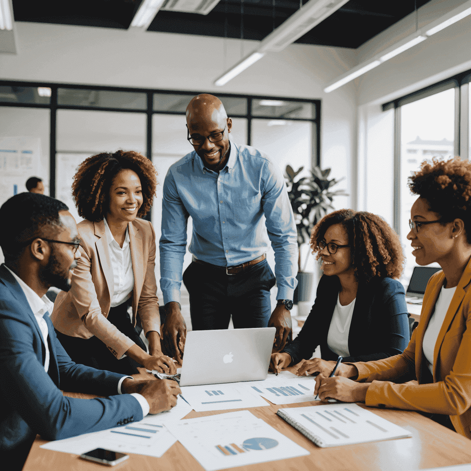 Diverse group of South African public sector employees in a modern office setting, engaged in a collaborative project management session