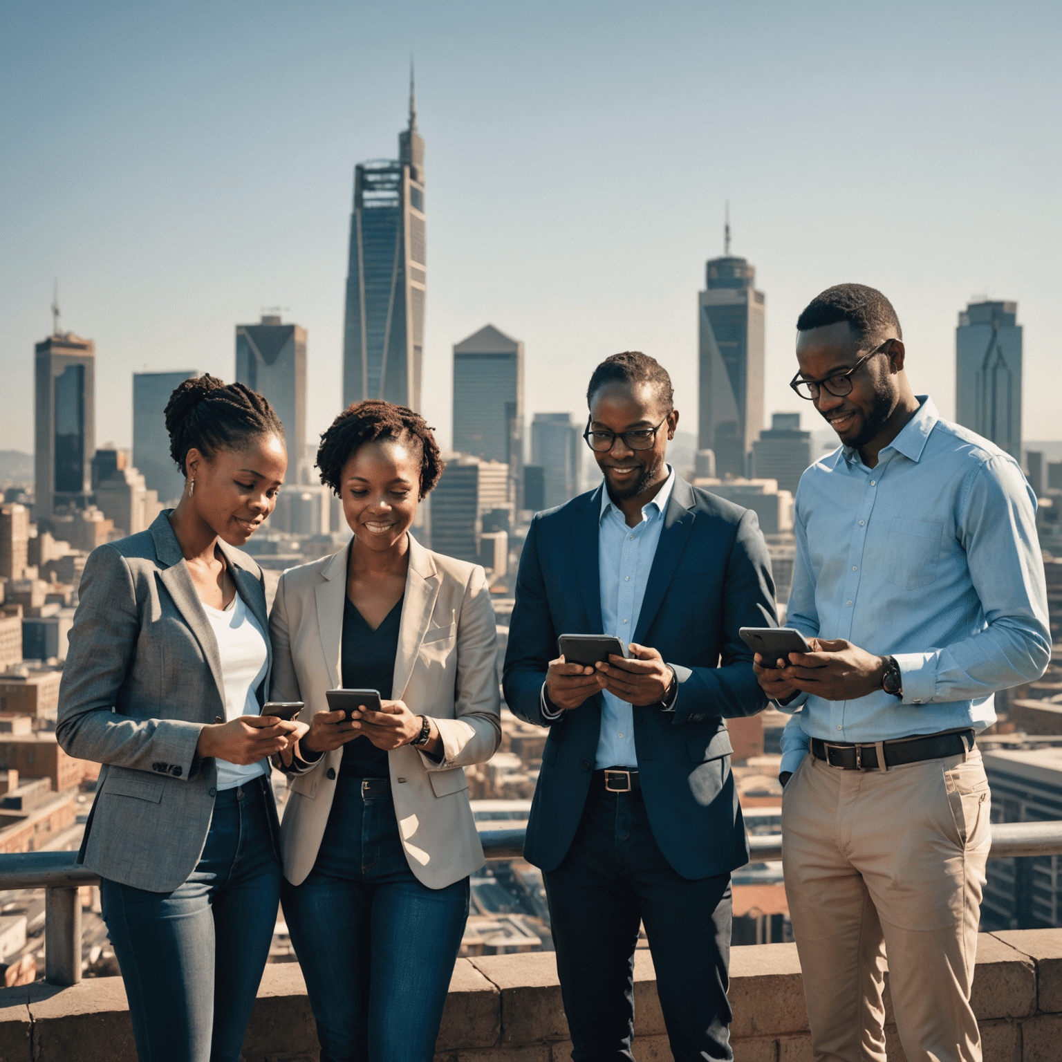 A diverse group of South African citizens using smartphones and tablets to interact with government services, set against a backdrop of Johannesburg skyline