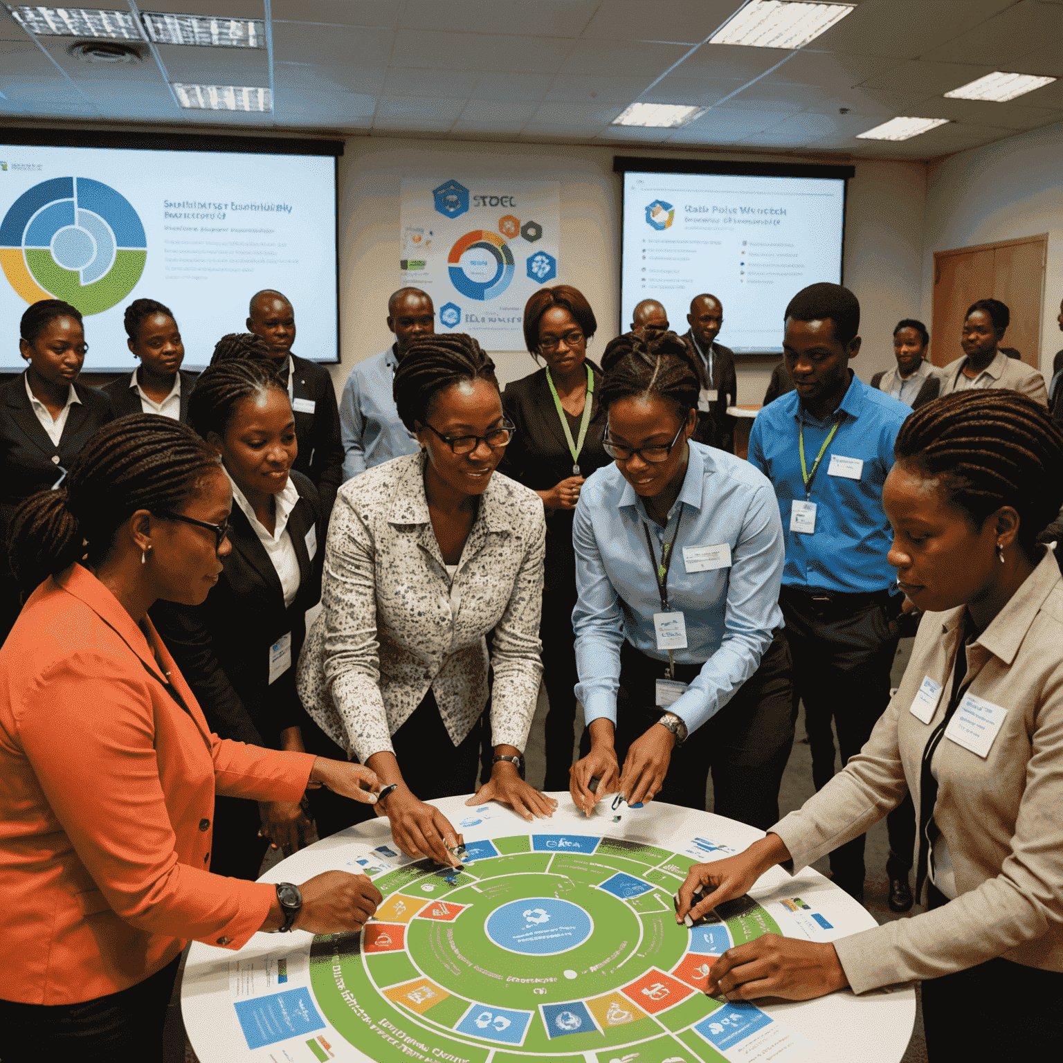 Diverse group of South African public sector employees engaged in a sustainability workshop, with interactive displays showing SDG icons and local environmental challenges