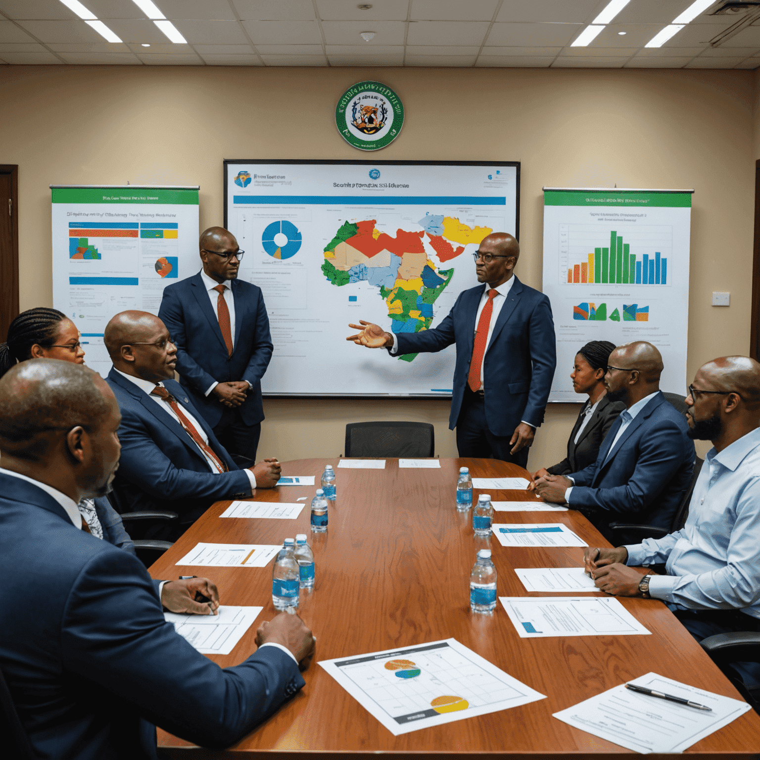 South African project manager presenting SDG-aligned project plans to a diverse team of government officials and community leaders in a boardroom setting